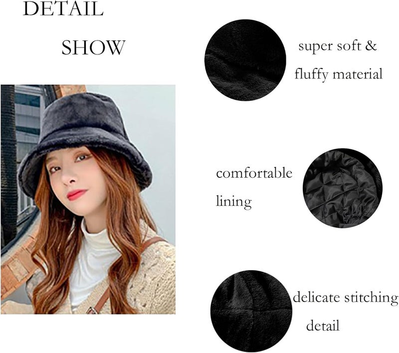 BEARUN Winter Faux Fur Furry Bucket Hat Fluffy Fuzzy Warm Hat Plush Fisherman Hat for Women Men Teens Girls - Image 3